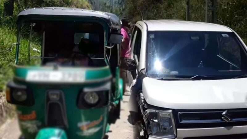 தலவாக்கலையில் கார் – முச்சக்கர வண்டி மோதி விபத்து: மூவர் படுகாயம்