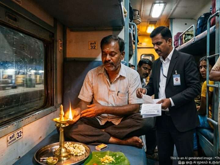 ஓடும் ரயிலில் விளக்கேற்றி பூஜை; பயணி அதிரடி கைது!