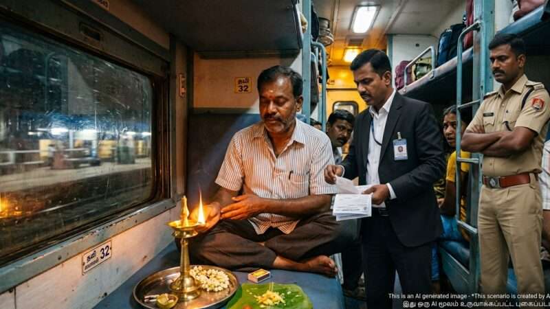 ஓடும் ரயிலில் விளக்கேற்றி பூஜை; பயணி அதிரடி கைது!