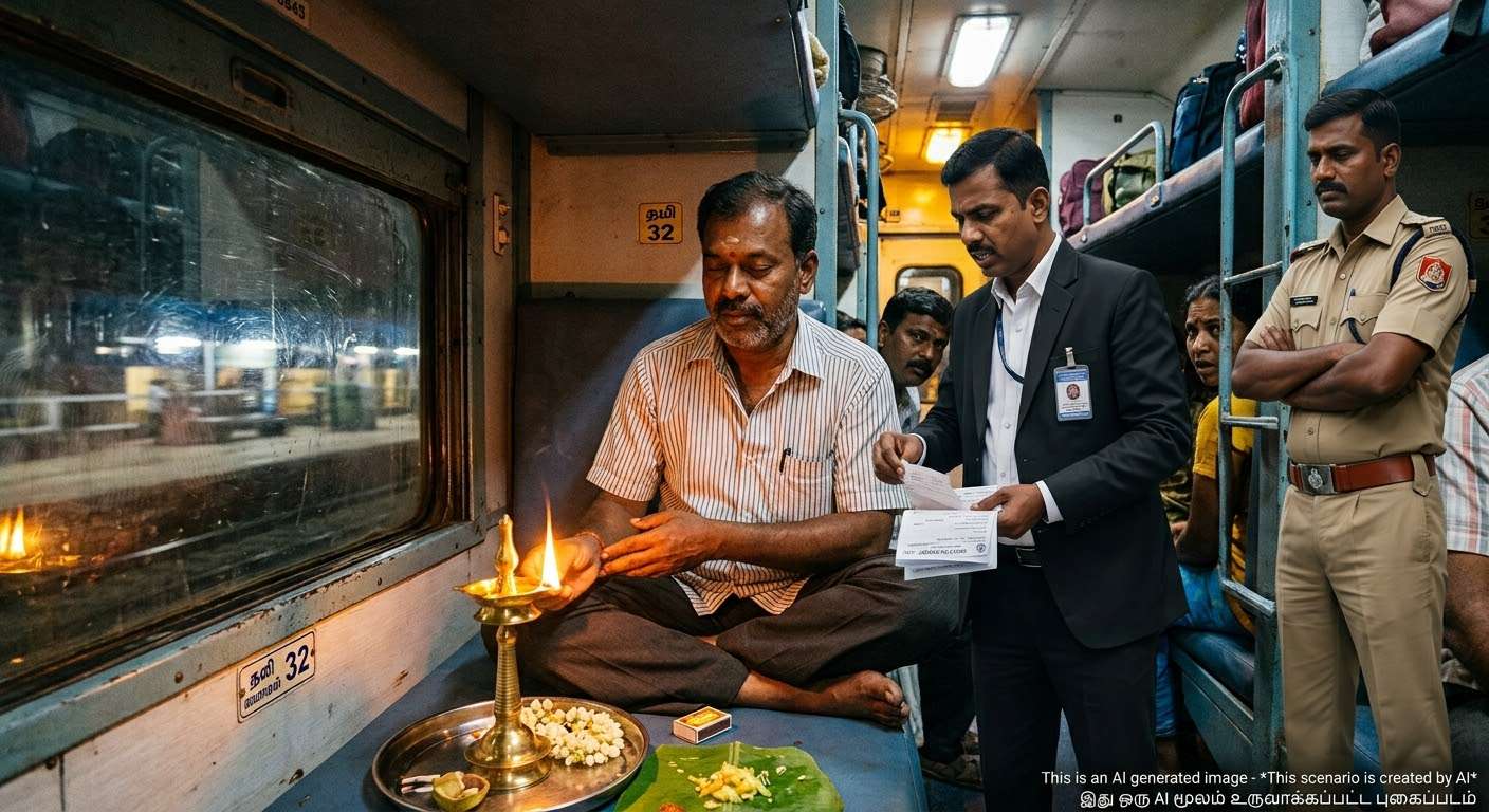 ஓடும் ரயிலில் விளக்கேற்றி பூஜை; பயணி அதிரடி கைது!